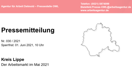 Pressemitteilung der Agentur für Arbeit Detmold: Der Arbeitsmarkt im Mai 2021 in Lippe